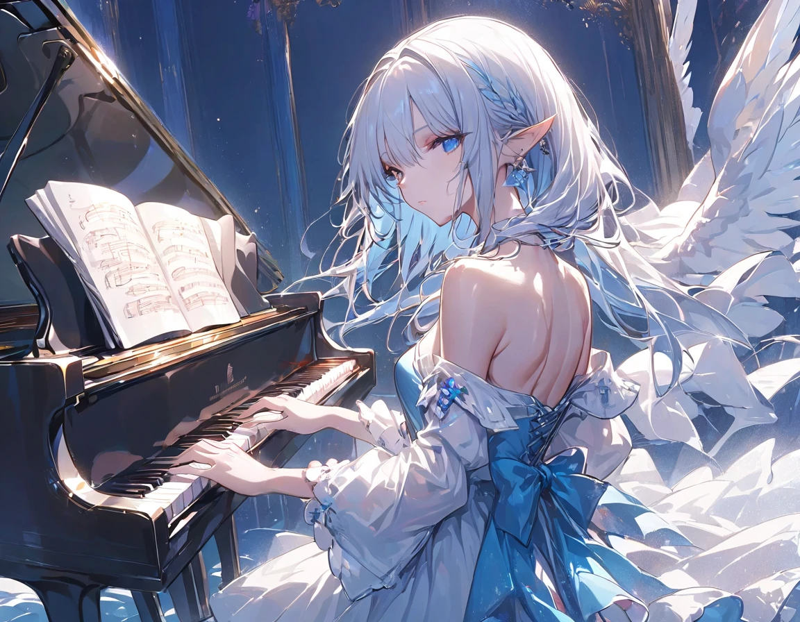 Elf Beauty Pianist、Piano performance、 off the shoulder dress 