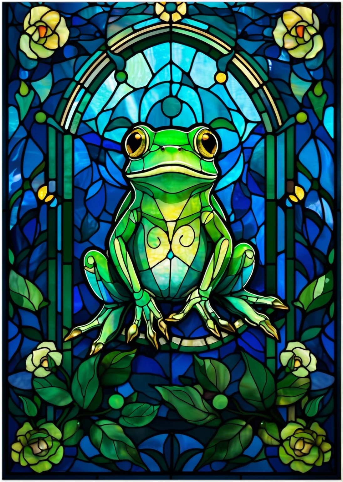  stained glass style frog located at the center of an underwater Art Nouveau arch, 
 surrounded by colorful corals and luminous aquatic plants , 
 bright blue and green , 
Glowing fish , 
 Tiffany style lighting , 
 soft fantastic light from the surface of the water , 
 ocean art fantasy setting , 
 very detailed,  photorealistic 