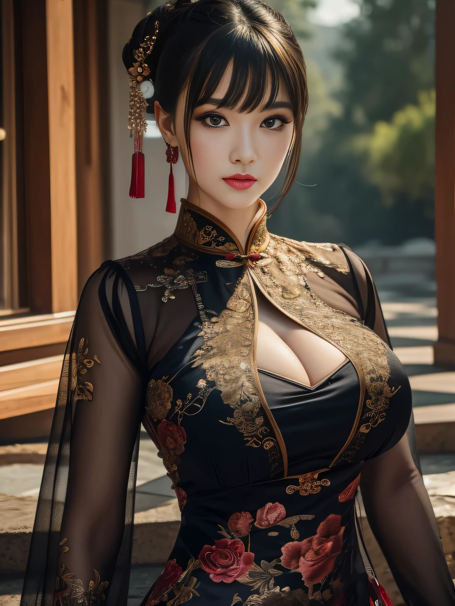 8K-quality, UHD, RAW-photo, Realistic, HDR, Subject is in the center of the frame, (Looking at the viewer:1.3), Absolute masterpiece,
Elaborate cheongsam that is depicted in ultra detail, From head to thighs, Outdoors, Stairs,
Highest-quality, Ultra High Definition, Photo realistic, High Dynamic Range,
Huge breasts, Make-up, Lip-make up, Glossy skin, Bangs, Updo for short, Very beautiful woman