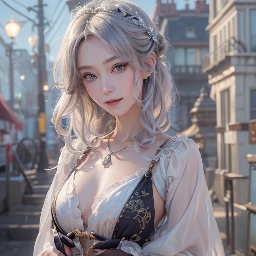 Dark ambiance,old European townde in the background、white wolf、 ((highest quality、masterpiece、8k、best image quality、ultra high resolution、Award-winning work)、(accurate anatomy:1.1)、(look at me and smile:1.1)、Shining fair skin with ultra high resolution、most detailed face、ultra high resolution detailed face、white short hair flowing 、Beautiful face drawn in every detail、(blurred background:1.1)、traditional Georgia man costume, tiny breast, real wolf beside the girl