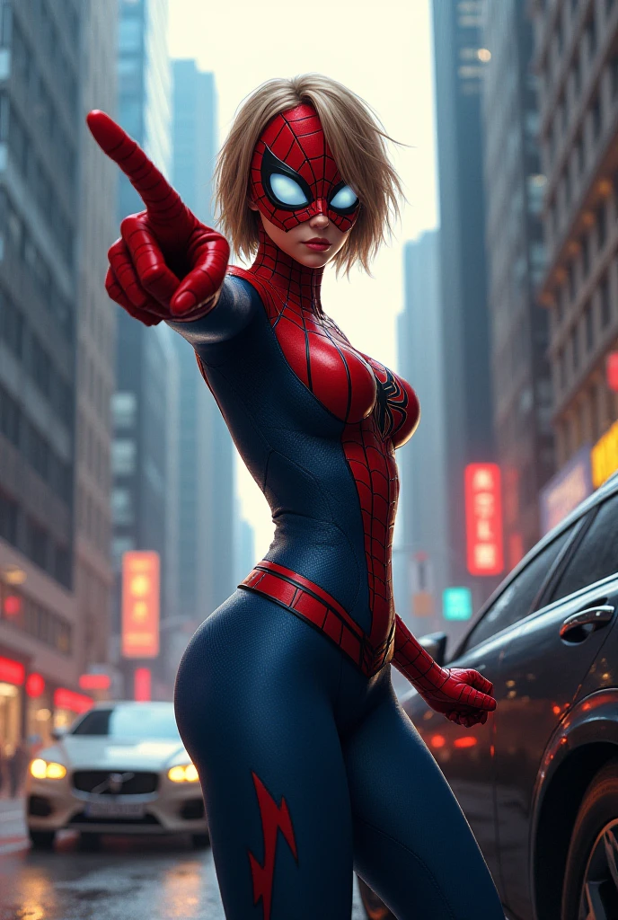 Gwen Stacy, 4k, realistic, charismatic, very detailed, in the middle of the smoke on the battlefield, dressed in a blue-white-red Spider-Man uniform, she is Spider-Man, superhero theme, short blonde hair, 25 years old, full body, best angle, masterpiece photography, big ass, wide buttocks, medium breasts