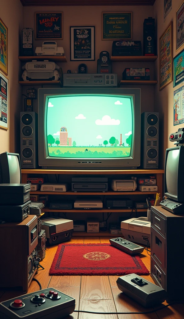 a room full of retro video games and a TV seen up close