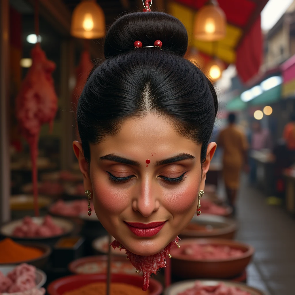 Create an image of an Indian chubby KareenaKapoorFlux  bloody disembodied head hanging on a hook in a busy Meat shop. From front side severed head face is visible. The head has a serene, peaceful expression with the eyes gently closed. Her dark hair is styled in an elegant bun, adorned with traditional hairpins. She wears delicate earrings and a nose ring and bindi on forehead. The market around them is vibrant, with colorful fabrics, spices, and street vendors. The scene should convey a sense of tension, as the man's action suggests the head is being sold in the marketplace, while the atmosphere contrasts the woman's beauty and the grimness of the situation.