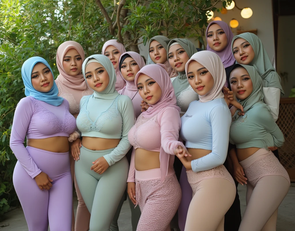 12 Muslim Females group picture. The first one is 45yo wearing a pastel blue pashmina. The second one is 39yo wearing a pink satin layered hijab with pink Baju Kurung. Three of them wearing square hijab with tight long sleeve inner and transparent pleated skirt. Six of them aged around 25yo to 35yo wearing a light purple, light pink, light green hijab with lace bra and tight thin white leggings. All of them wearing skimpy outfit, sexy outfit, tight outfit, see-through outfit. All of them looking to camera and cheerful pose, horny, petite body, mix brown and fair skin, varied height, hourglass body shape, wide oval face. All showing their sexy body to camera. House yard background, festive decorations, morning, greenery, nsfw:1.4