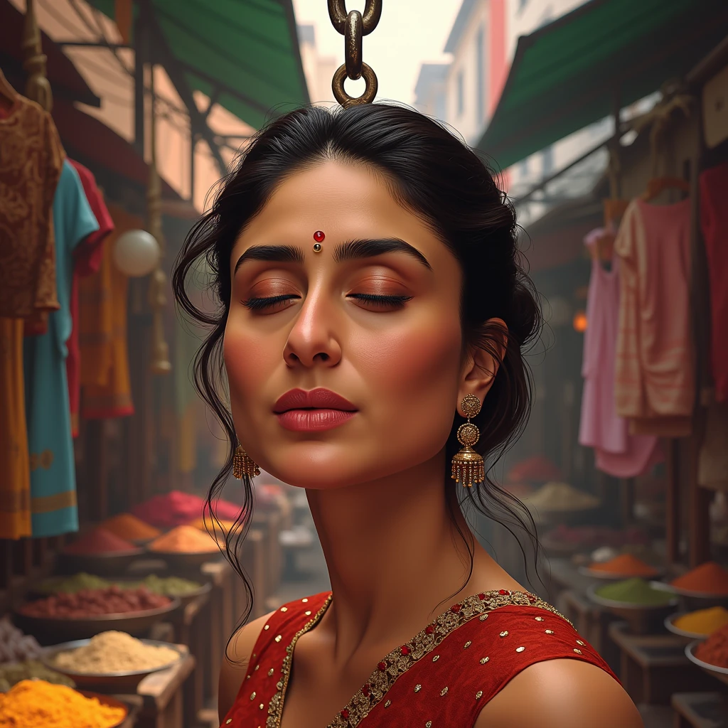 Create an image of an Indian chubby KareenaKapoorFlux bloody disembodied head hanging on a hook in a busy Meat shop. From front side severed head face is visible. The head has a serene, peaceful expression with the eyes gently closed. Her dark hair is styled in an elegant bun, adorned with traditional hairpins. She wears delicate earrings and a nose ring and bindi on forehead. The market around them is vibrant, with colorful fabrics, spices, and street vendors. The scene should convey a sense of tension, as the man's action suggests the head is being sold in the marketplace, while the atmosphere contrasts the woman's beauty and the grimness of the situation.