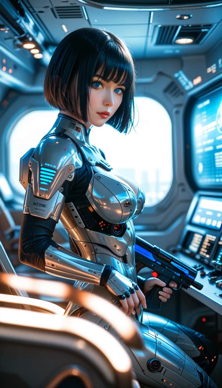  female soldier wearing exoskeleton cyber armor posing with a shotgun, The armor fits snugly、There is a plasma gun in her hand .,  Full Body Portraits,  Maximum Details , Detailed drawings and excellent quality, 8k,Chest,  blue eyes,  Hi-Res, 超 Hi-Res,  best quality,  shortcut, (( black hair)), 大きなChest,  cinematic lighting effects, (( inside a high-tech spaceship with futuristic blue lighting)), (((        bob cut short hair ))),Bob Hair, Big Chest,   Realistic depiction   , ((  Interior of a futuristic spaceship illuminated with blue light ))、      blue eyes    ,     Women in Cyber Style     ,   High quality images ,Bob Hairー，((    cut style and various vans       ))、Beauty、(((  Pose with a shotgun  )))、