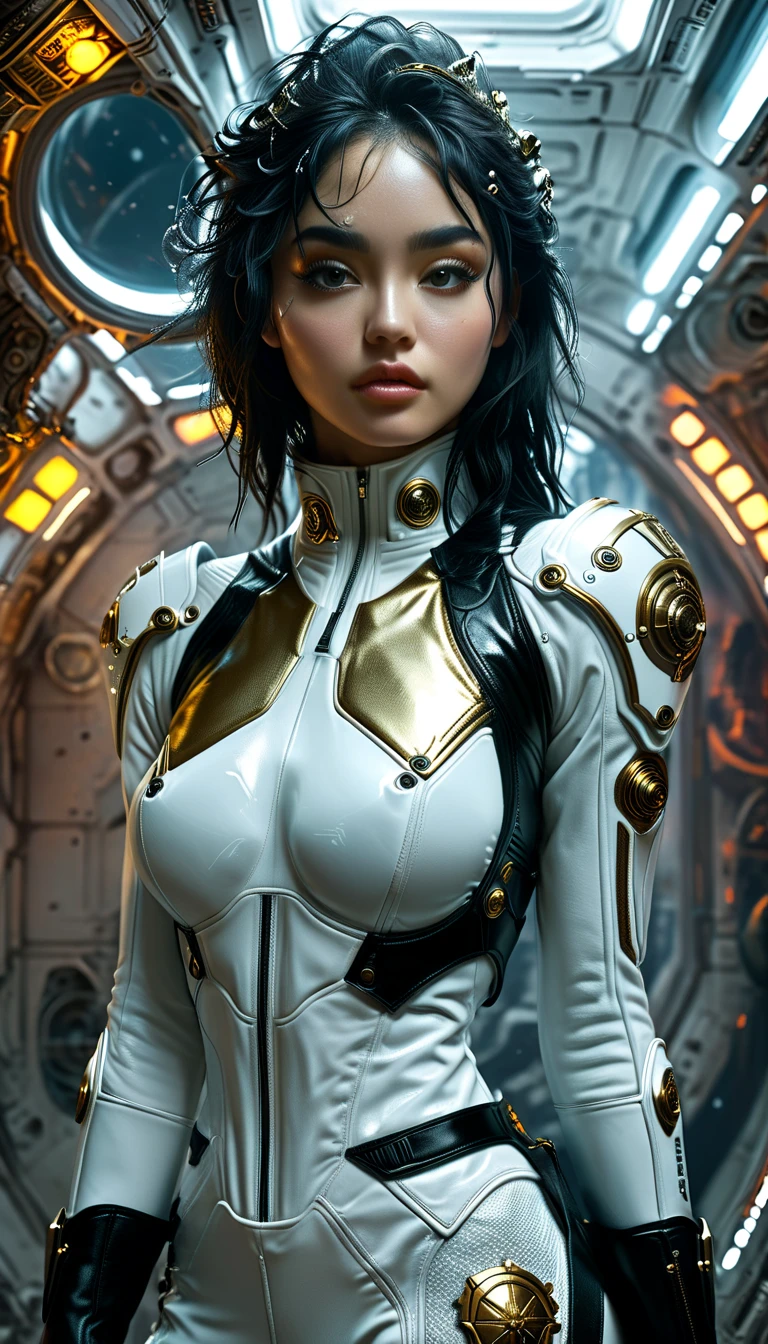 The sexually beautiful Brittania Ochoa in white, in a space station looking down upon the earth, 
, supermodel, , ,
, cinematic lighting, hyper detailed, ,cleavage 
inspired by J Scott Campbell, Boris Vallejo, Michael Turner, Rembrandt, Greg Rutkowski, Artgerm, Luis Royo, exquisitely detailed portrait, intricate details, detailed background, masterpiece, captivating, 32k Ultra HD, ultra-detailed, high-quality model. entire leather uniform and boots visible, sf, intricate artwork masterpiece, ominous, matte painting movie poster, golden ratio, trending on cgsociety, intricate, epic, trending on artstation, by artgerm, h. r. giger and beksinski, highly detailed, vibrant, production cinematic character render, ultra high quality model, ultra hd, realistic, vivid colors, highly detailed, UHD drawing, pen and ink, perfect composition, beautiful detailed intricate insanely detailed octane render trending on artstation, 8k artistic photography, photorealistic concept art, soft natural volumetric cinematic perfect light, Miki Asai Macro photography, close-up, hyper detailed, trending on artstation, sharp focus, studio photo, intricate details, highly detailed, by greg rutkowski, Mysterious