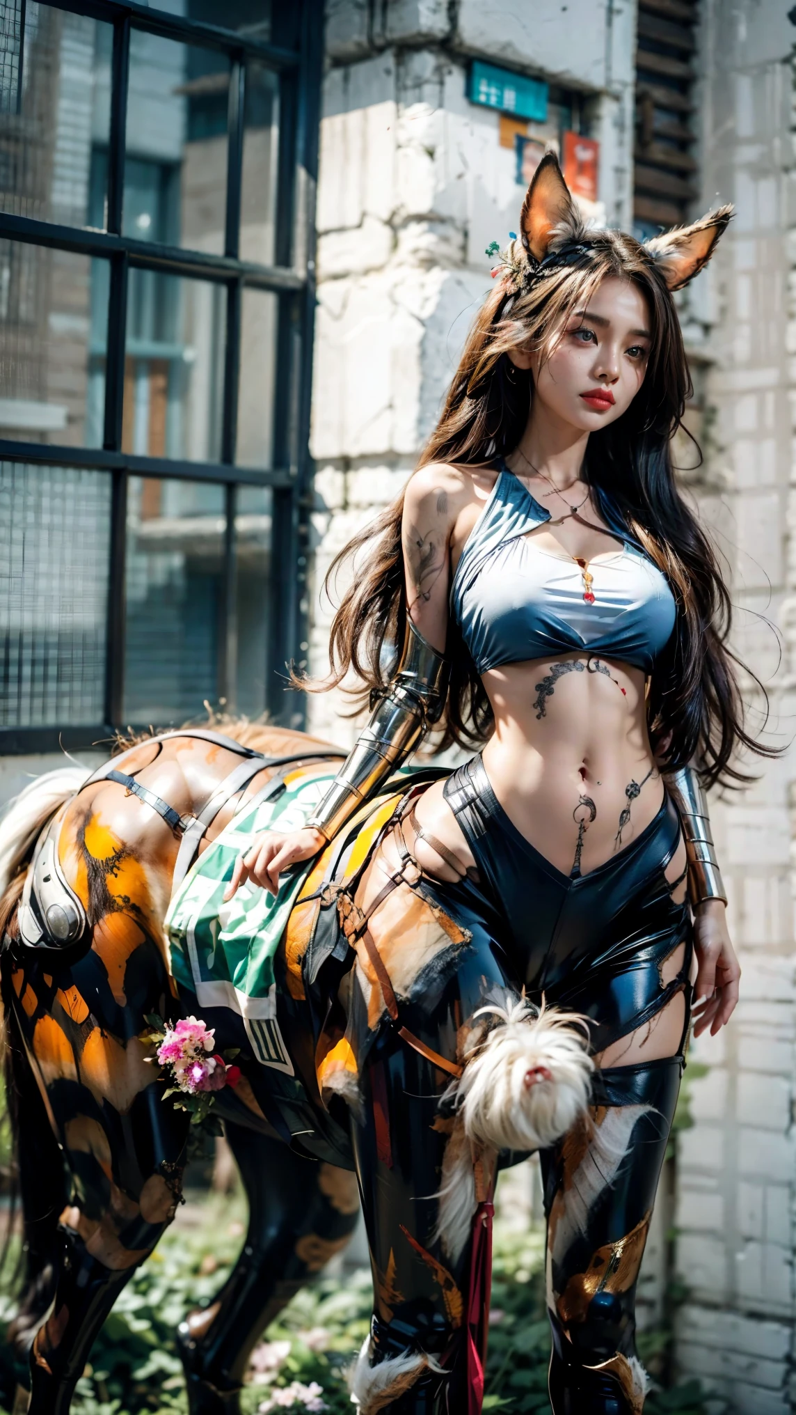 tmasterpiece,best qualtiy,(photography of,Photogenic,photore)Gorgeous full-body portrait of a 20-year-old centaur,(Twist braids,long whitr hair:1.4),long whitr hair,vivd colour,Kodaport Porter,walking on grass,((Wearing underwear)),exposing your navel,(s the perfect face),ssmile,(Bigboobs:1.2),cleavage,Raised sexy,Big breasts Thin waist,(Brown horse),Put your hands behind your head,Raised his hand,Expose the armpits,highr,Get close to the lens,big beatiful eyes,Slim abs