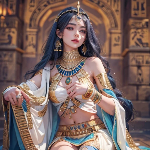 (Ancient Egyptian temples:1 girl with black hair,An Egyptian princess,Kneeling pose), tmasterpiece, best qualtiy, RAW photogr, realisticlying, the face, Incredibly Ridiculous res,, ear studs, (flowing long black hair),eye shadows,Authentic ancient Egyptian white long dress,jewelry,leg loops,nail art,Wear sandals barefoot,depth of fields, A high resolution, ultra - detailed, filigree, RAWE is very detailed, very detailed eyes and faces, Sharp pupils, realistic pupil, tack sharp focus, cinmatic lighting,full bodyesbian,Bigboobs,long leges,From the front side,Desert Egyptian Temple,Nile River,dynamicposes,Normal posture,closeup of face
