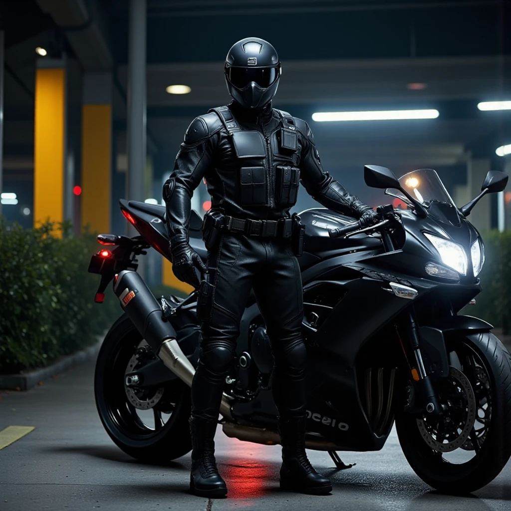 A full-body image of a muscular adult male dressed in police tactical gear, PTU-style, wearing a black leather full-body suit, mask, and tactical boots. The sleek leather outfit provides full coverage, exuding a dark and intense atmosphere. The scene is illuminated by low light, casting dramatic shadows that enhance the mysterious and powerful presence. He stands beside a heavy-duty police motorcycle, ready for action. The composition emphasizes his commanding stance and the tactical precision of his gear,Future City Technology,blending a sleek, futuristic aesthetic with a gritty, law enforcement vibe.Cyberpunk City Streets

