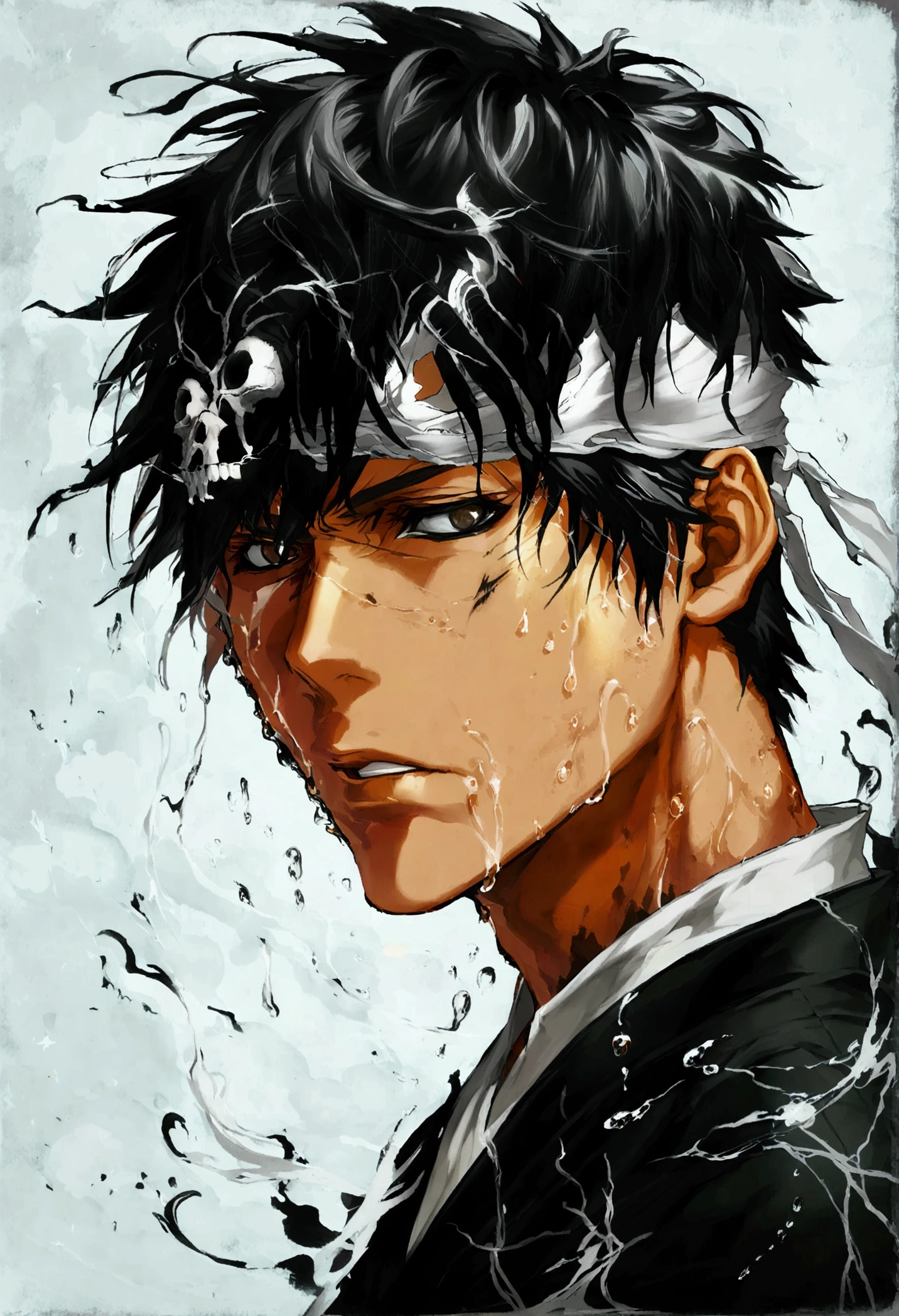 1boy, male focus, kurosaki ichigo, bleach, (White skull mask on face)，Disheveled black hair，Black hakama pants，(Black Tai Dao:1.3)，Damaged clothes，simple white background，Very aesthetic，illustration，Perfect composition，Wet skin，Intricate details