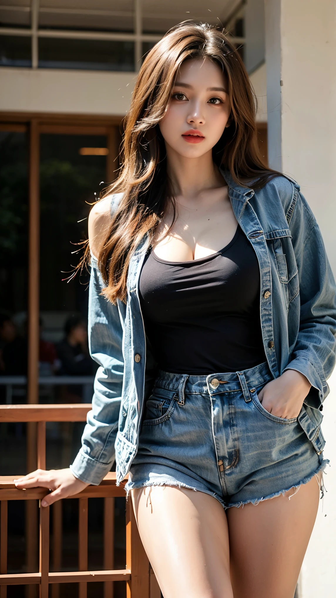  beautiful woman ,  alone, Supermodel, Long hair,  cosmetic , ริมฝีปากที่แยกleave, big , tits,  leave, pussy leave, cleavage, tank top,  more jacket ,  Open Garment , ( looking at the audience ), Standing at the wall, Indoor, Thigh, Soft light, Film Grain, Upper part, epicPhoto, ( High Building:1.2), ( masterpieces ),((ultra-detailed)),