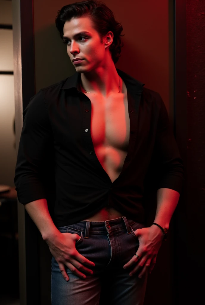 Handsome young man, lean, Pale, White-skinned, l vampire, with black long hair,  waist up portrait, The light dances in the eyes, lips, Sparks fly from your fingertips, cos, Invoice Skins, on a black background, in the photo studio, Backlighting. Beautiful torso, lowbrow, impassioned, Sexual