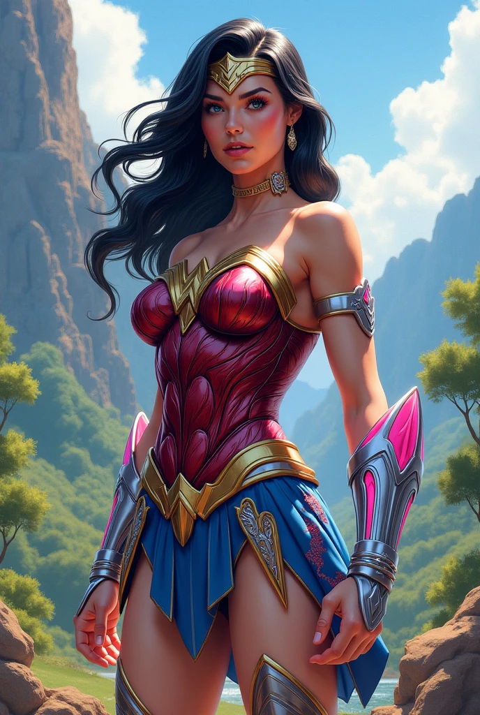 A closeup of wonder woman standing on a rock, extremely detailed transparent artgerm, transparent artgerm comic, using blue and red alloy, (using, ((vaporous:1.2) (transparent:1.2) (white: 0.6) (chiffon) (crop top) grabbed (wet: 1.4) skin): 1.2))),