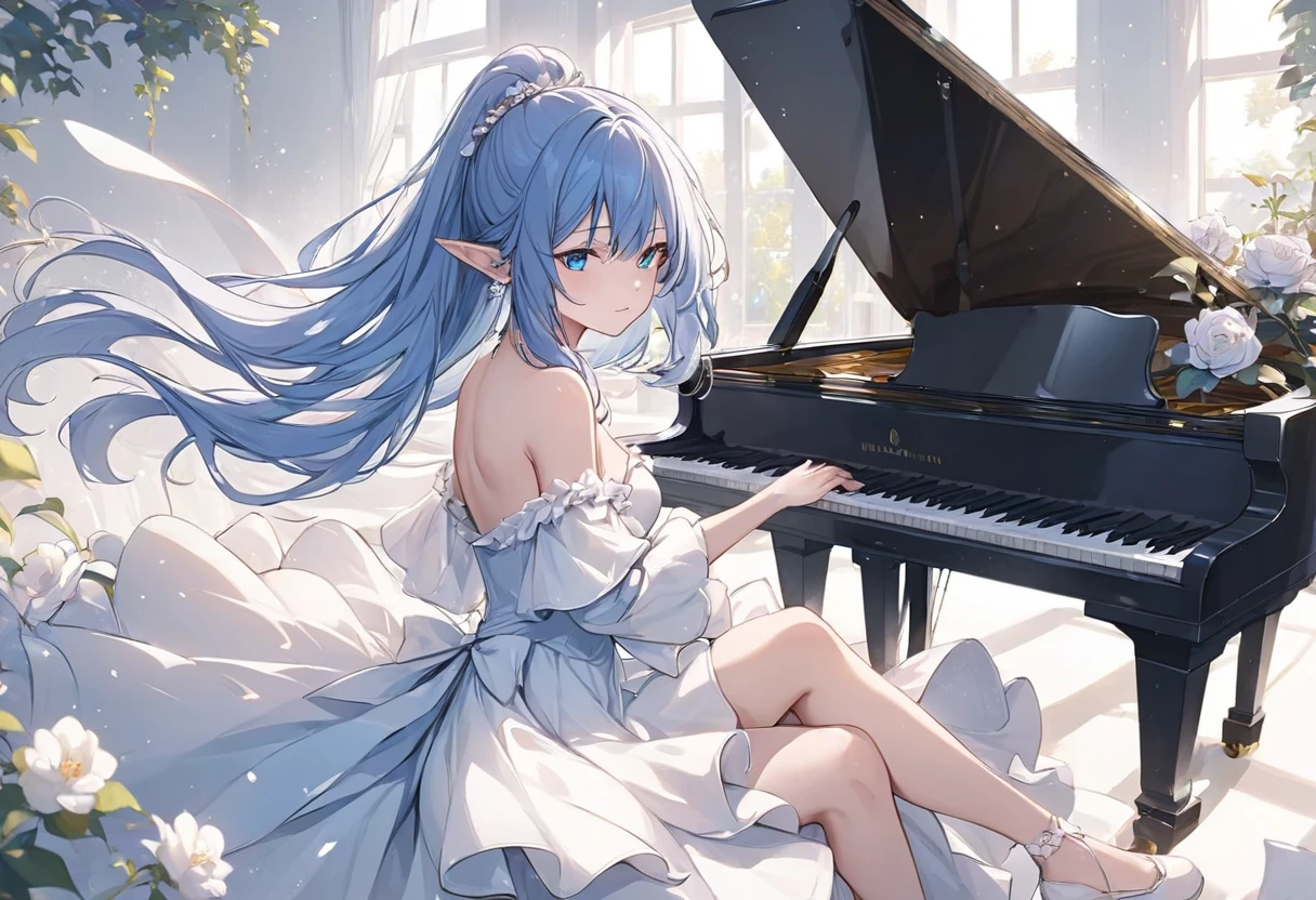 Elf Beauty Pianist、Piano performance、 off the shoulder dress 