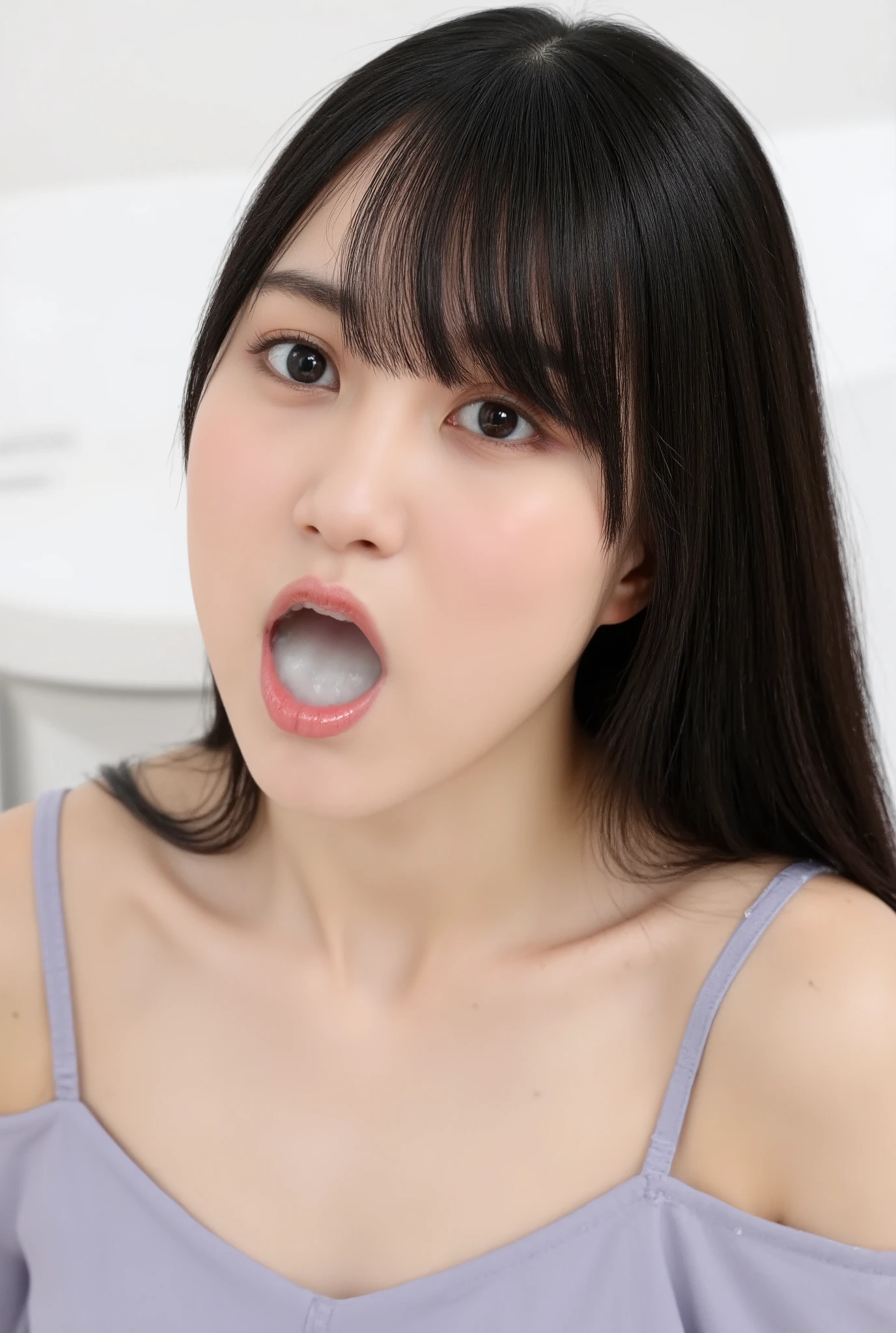 The high resolution photograph of a young Japanese female idol named kakki, solo, 1girl, wearing a off-shoulder dress, face focus, close-up of face, looking at the camera, straight long black hair with blunt bangs, pale skin, detailed face, detailed eyes, seductive eyes, natural make-up,
(open mouth, cum in mouth after blowjob, drooling cum), indoors, 