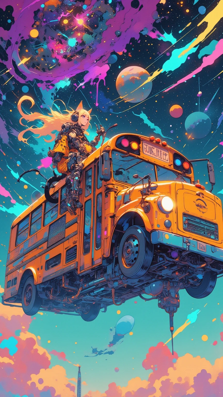  There is a mechanical cat girl on a school bus that flies through space,  Decorative Space Paintings ,  Ultra Wide Gameplay Screenshots ,  colorful dystopian futurism,  Retrofuturistic Digital Painting, School bus that runs through space ,  Dreaming Psychedelic Anime ,  video games are still , ビデオ game screenshots ,  ビデオ game screenshots  ,  detailed pictures of virtual worlds ,  Colorful in Futuristic Hues ,  Promotional Art ,  game screenshots 