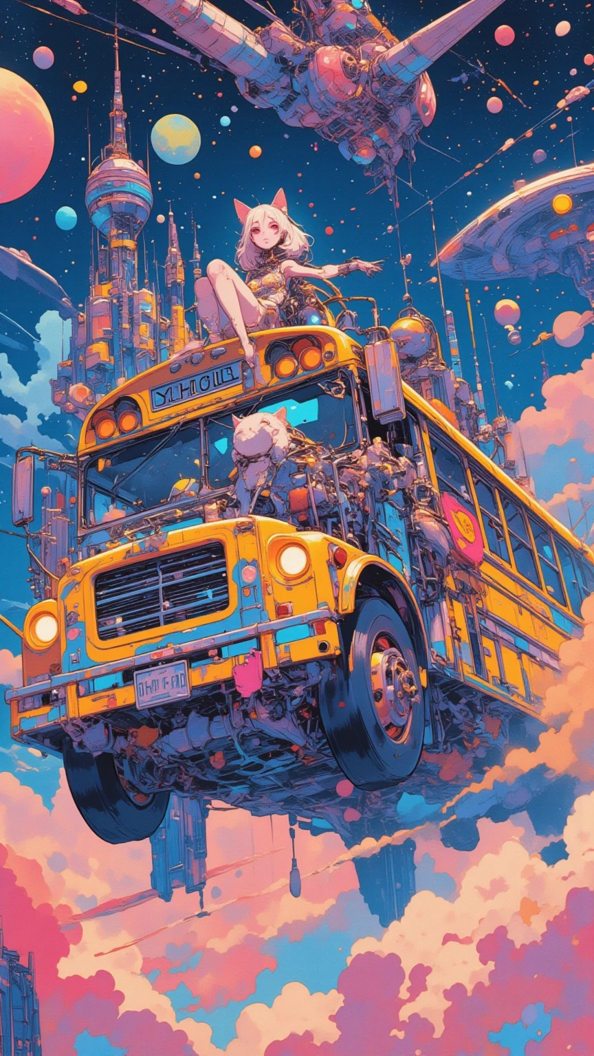  There is a mechanical cat girl on a school bus that flies through space,  Decorative Space Paintings ,  Ultra Wide Gameplay Screenshots ,  colorful dystopian futurism,  Retrofuturistic Digital Painting, School bus that runs through space ,  Dreaming Psychedelic Anime ,  video games are still , ビデオ game screenshots ,  ビデオ game screenshots  ,  detailed pictures of virtual worlds ,  Colorful in Futuristic Hues ,  Promotional Art ,  game screenshots 