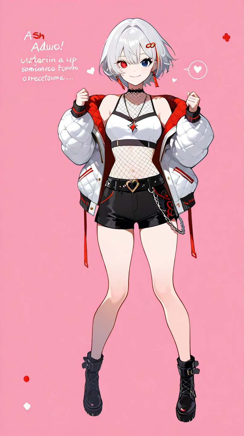 1girl, short hair, silver hair, solo focus, Highress, 2k, full body illustration, 
Eyes:
heterochromatic, left eyes is blue, right eyes is red. 
Clothing Description:

Top: Wearing a white crop top with black straps, layered with black mesh covering the neckline.

Outerwear: An oversized white bomber jacket with red and black accents on the inside. The red lining features a quilted pattern, adding a stylish detail.

Additional Accessories: A necklace with a triangular pendant and chain straps hanging from the belt.

Bottom: Black shorts with red accents, featuring metallic chains and straps wrapping around the waist. Buckles and straps add a utilitarian touch.

Background:
A pastel pink background with heart and star patterns, creating a sweet and cheerful atmosphere. There’s also a text message element in the bottom left corner, adding a social media context.

Pose:
Both hands are raised forward, as if touching a transparent glass or invisible surface, giving the impression that the character is trying to interact with something in front of her.