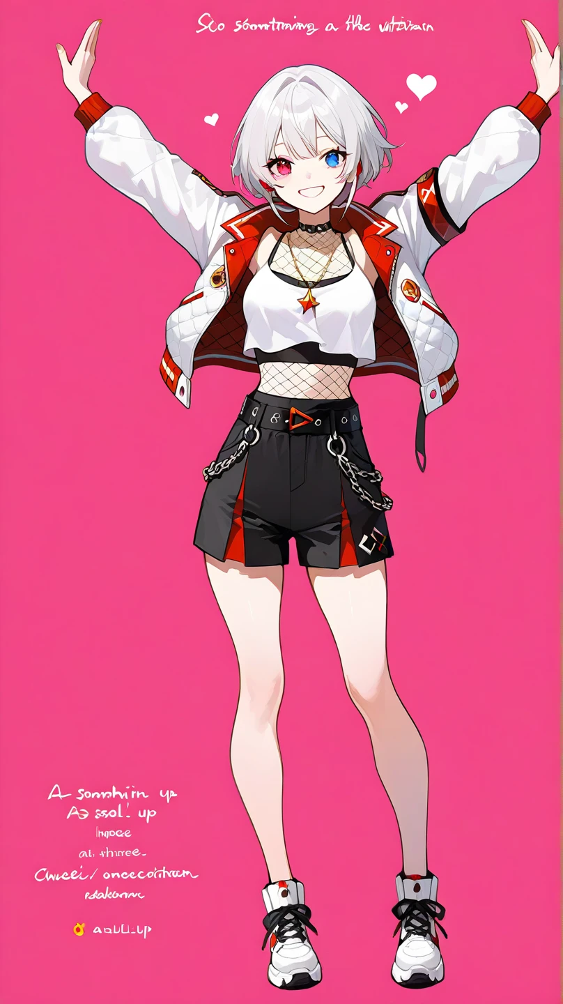 1girl, short hair, silver hair, solo focus, Highress, 2k, full body illustration, 
Eyes:
heterochromatic, left eyes is blue, right eyes is red. 
Clothing Description:

Top: Wearing a white crop top with black straps, layered with black mesh covering the neckline.

Outerwear: An oversized white bomber jacket with red and black accents on the inside. The red lining features a quilted pattern, adding a stylish detail.

Additional Accessories: A necklace with a triangular pendant and chain straps hanging from the belt.

Bottom: Black shorts with red accents, featuring metallic chains and straps wrapping around the waist. Buckles and straps add a utilitarian touch.

Background:
A pastel pink background with heart and star patterns, creating a sweet and cheerful atmosphere. There’s also a text message element in the bottom left corner, adding a social media context.

Pose:
Both hands are raised forward, as if touching a transparent glass or invisible surface, giving the impression that the character is trying to interact with something in front of her.