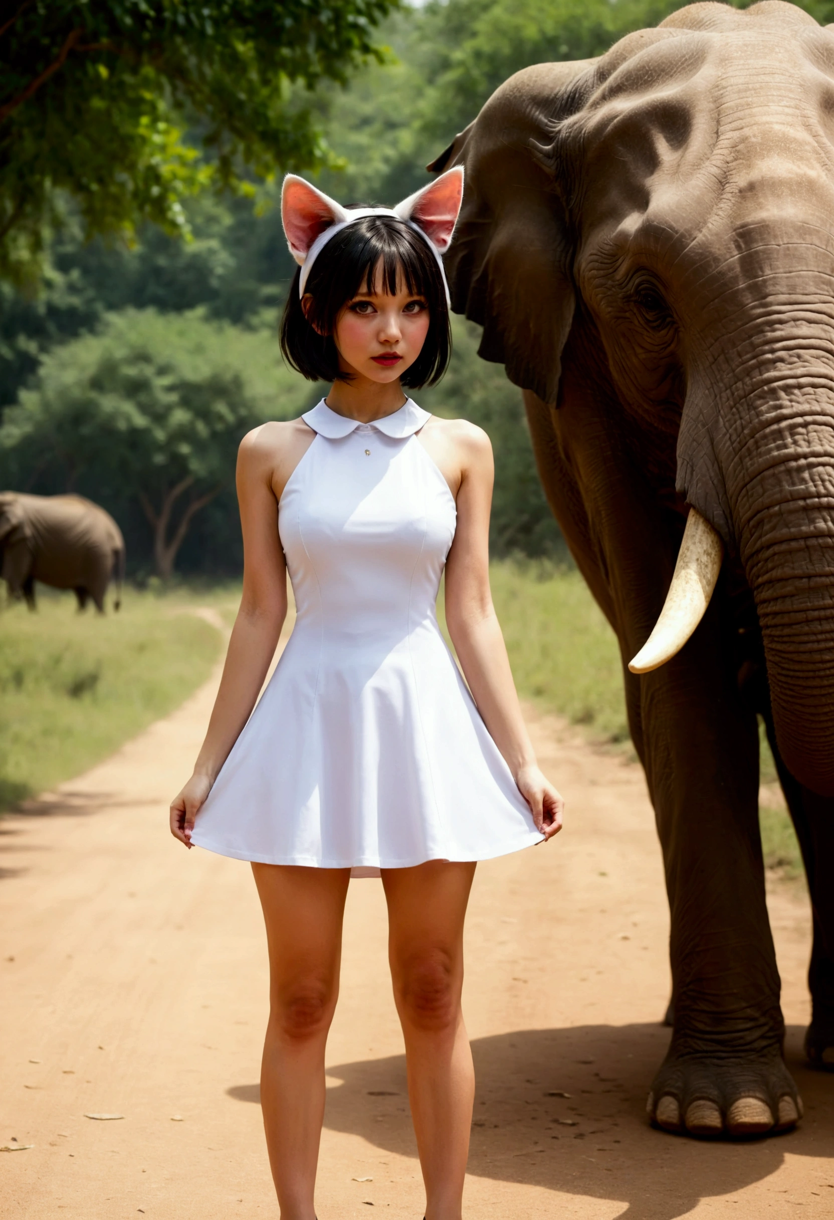 Cat eared girl (cute, simple back dress, comically nervous) is being approached by a big bull elephant, circud