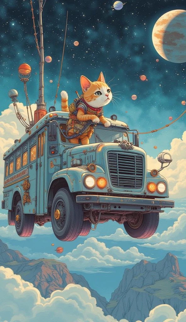  There is a mechanical cat girl on a school bus that flies through space,  Decorative Space Paintings ,  Ultra Wide Gameplay Screenshots ,  colorful dystopian futurism,  Retrofuturistic Digital Painting, School bus that runs through space ,  Dreaming Psychedelic Anime ,  video games are still , ビデオ game screenshots ,  ビデオ game screenshots  ,  detailed pictures of virtual worlds ,  Colorful in Futuristic Hues ,  Promotional Art ,  game screenshots 