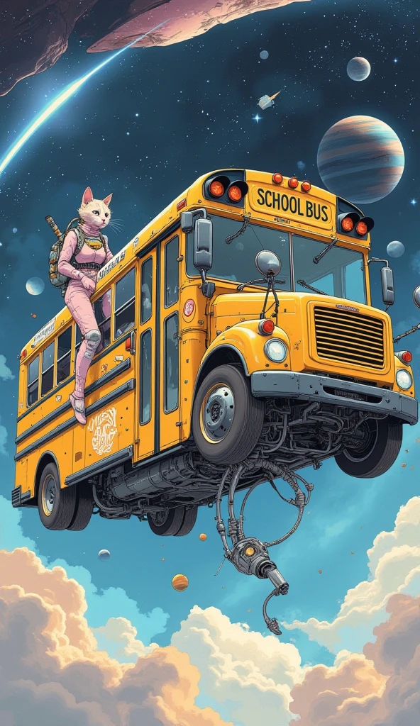  There is a mechanical cat girl on a school bus that flies through space,  Decorative Space Paintings ,  Ultra Wide Gameplay Screenshots ,  colorful dystopian futurism,  Retrofuturistic Digital Painting, School bus that runs through space ,  Dreaming Psychedelic Anime ,  video games are still , ビデオ game screenshots ,  ビデオ game screenshots  ,  detailed pictures of virtual worlds ,  Colorful in Futuristic Hues ,  Promotional Art ,  game screenshots 