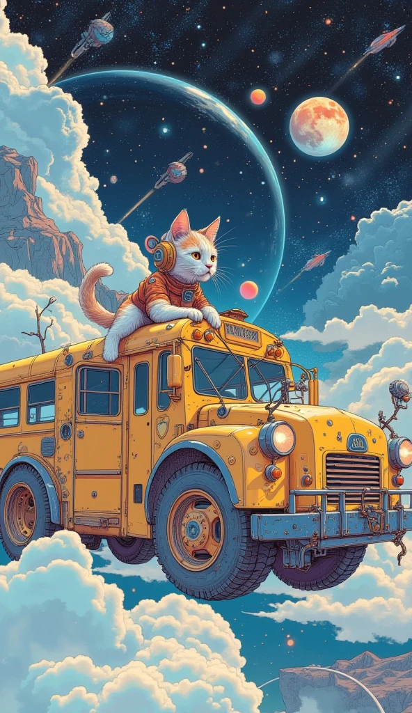  There is a mechanical cat girl on a school bus that flies through space,  Decorative Space Paintings ,  Ultra Wide Gameplay Screenshots ,  colorful dystopian futurism,  Retrofuturistic Digital Painting, School bus that runs through space ,  Dreaming Psychedelic Anime ,  video games are still , ビデオ game screenshots ,  ビデオ game screenshots  ,  detailed pictures of virtual worlds ,  Colorful in Futuristic Hues ,  Promotional Art ,  game screenshots 