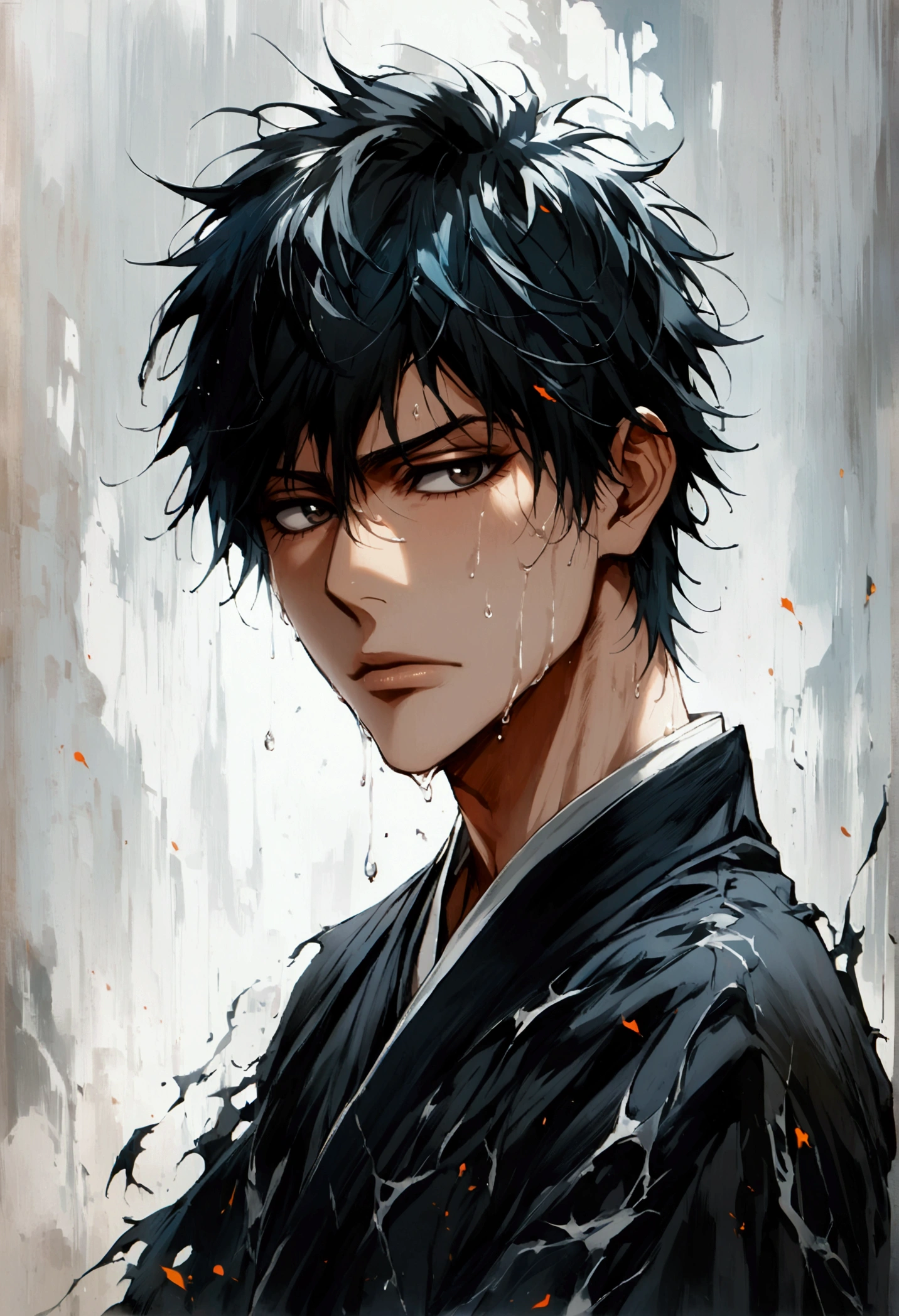 1boy, male focus, kurosaki ichigo, bleach, ，Disheveled black hair，Black hakama pants，(Black Tai Dao:1.3)，Damaged clothes，simple white background，Very aesthetic，illustration，Perfect composition，Wet skin，Intricate details, full body,