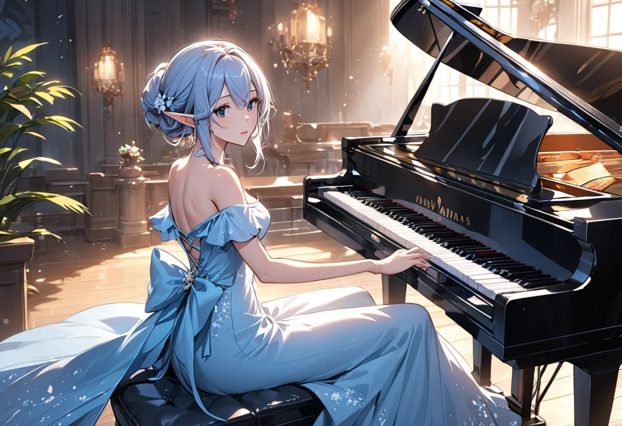 Elf Beauty Pianist、Piano performance、 off the shoulder dress 