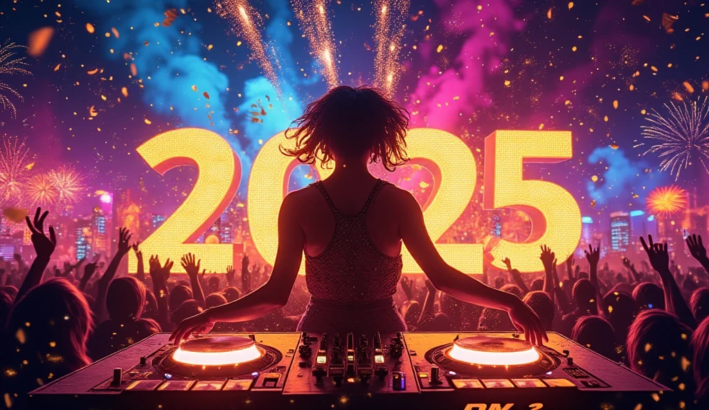 The YouTube cover image for DJ NID's "New Year's Eve Megamix: Best Hits of the Year" bursts with celebratory energy and vibrant visuals. At the forefront, DJ NID is showcased in a dynamic pose, spinning tracks behind glowing, high-tech turntables. Her silhouette is framed by shimmering golden confetti and sparkling fireworks, creating an atmosphere of pure celebration.

The background features a dazzling skyline illuminated by neon lights, with "2025" displayed prominently in giant, glowing numbers against the night sky. Beneath the numbers, a crowd of silhouetted partygoers raises their hands, reflecting the lively, festive vibe of the mix. Pulsing waves of color in electric blue, hot pink, and shimmering gold radiate outward, symbolizing the energy of the music.

At the top of the image, bold, modern text reads: “DJ NID Megamix”, with a subheading: “Best Hits of the Year!” styled in a glowing, gradient effect that matches the neon aesthetic. The composition is tied together with sparkling accents and celebratory flares, making it the perfect cover to kick off a vibrant New Year’s Eve party.