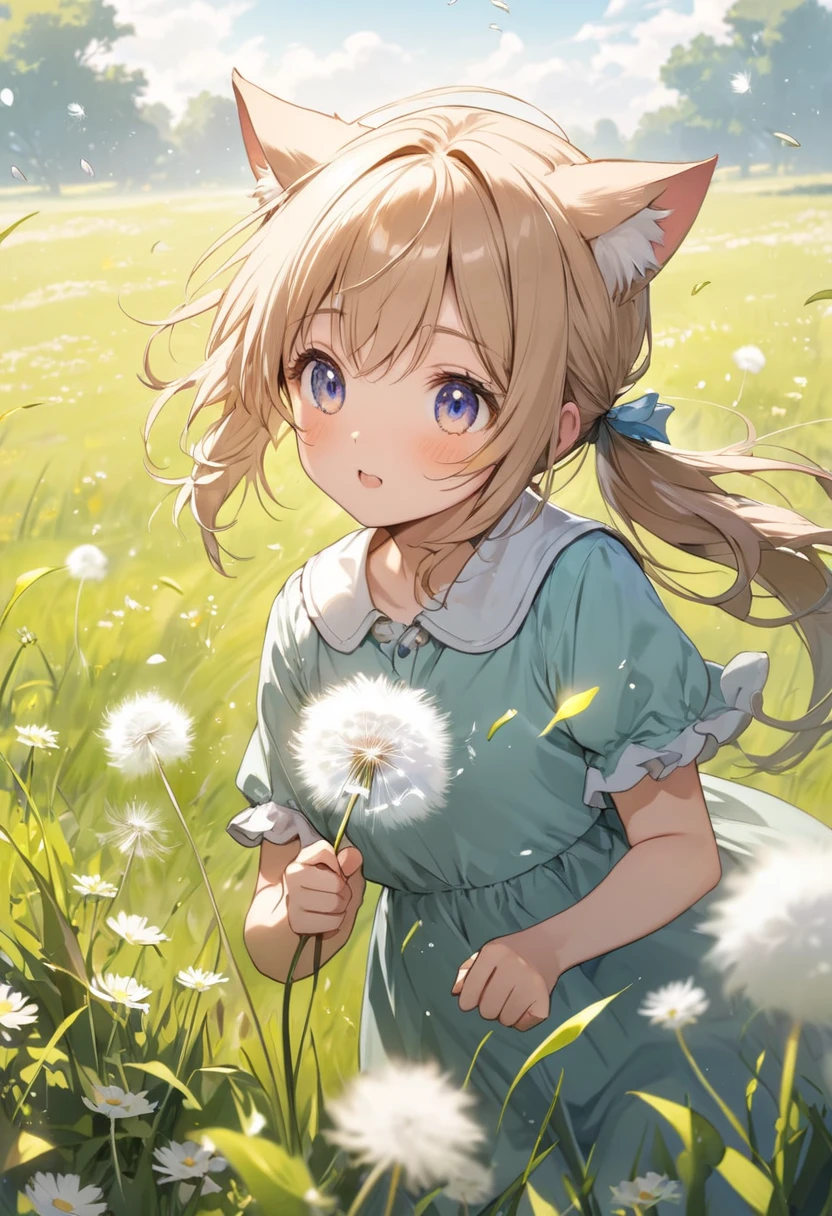 Girl with cat ears in a ponytail chasing fluffy dandelion fluff , prairie(( Blurred Background))