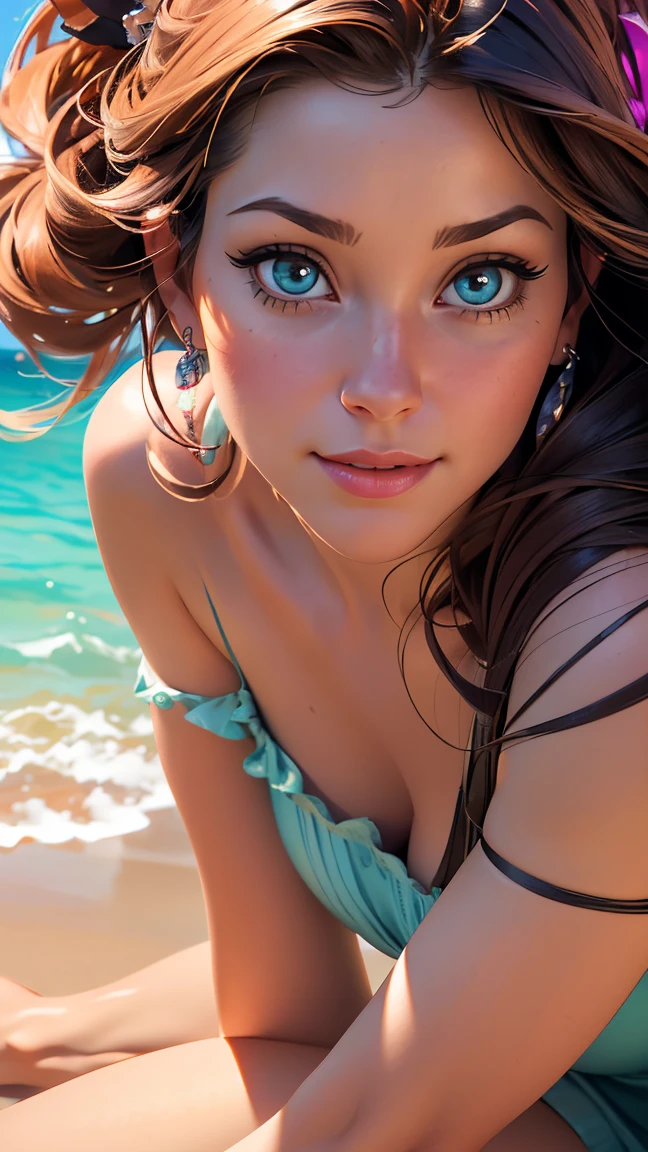 (ArielWaifu), cute, smile,(shell bikini:1.2), sexy pose, looking at viewer, (big breast:1.4), curvy, stockings, (steampunk:1.28), (realistic:1.29), (photo-realistic:1.37), (realism), (masterpiece:1.34), (absurdres:1.34), (extremely beautiful face:1), (best quality:1.24), (ultra detailed:1.32), (8k, 4k, intricate:1.41), (full-body-shot:1),(Cowboy-shot:1.2), (85mm),light particles, lighting, (highly detailed face:1.2),(detailed face, perfect eyes:1.4), (gradients), (completely nude:0.3), colorful, (detailed landscape, secluded beach:1.2), (waves, water, sand:1.2),(detailed background),detailed landscape, (dynamic angle:1.2), (dynamic pose:1.2), (rule of third_composition:1.3), (Line of action:1.2), wide shot, solo, daylight, <lora:add_detail:1> <lora:Ariel_character:0.4> <lora:Ariel_character:0.3>