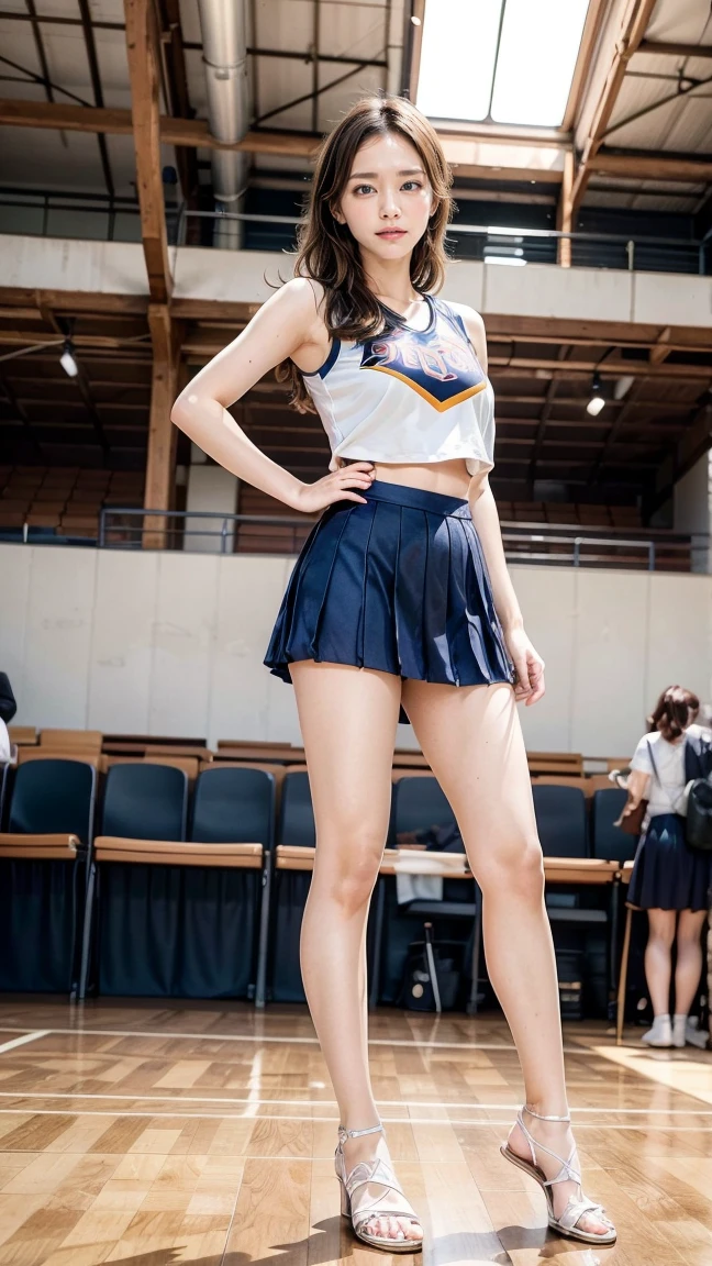 A beautiful young Japanese woman, 20 years old, with perfect anatomy, healthy thighs, beautiful feet, flawless skin, random hair color and style, large bust, (she is standing:1.2), wearing a cheerleader uniform with micro-pleated miniskirt, in a full body shot, standing in a stadium, (best quality,4k,8k, highres, masterpiece:1.3), (extremely detailed:1.2), Yui Aragaki