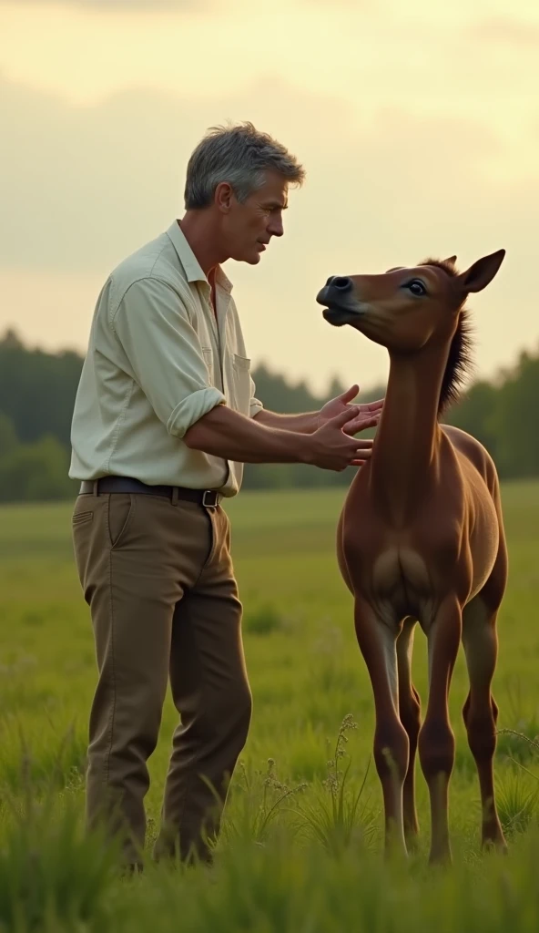 A hyperrealistic cinematic scene showing a kind-looking man in his 40s with short, grey-streaked black hair and wearing a simple white shirt and brown pants. He stands a few feet from the colt, extending his hand gently. His face is concerned yet compassionate, while the colt looks up at him with tearful, pleading eyes. The green field stretches around them under a softly glowing sky.