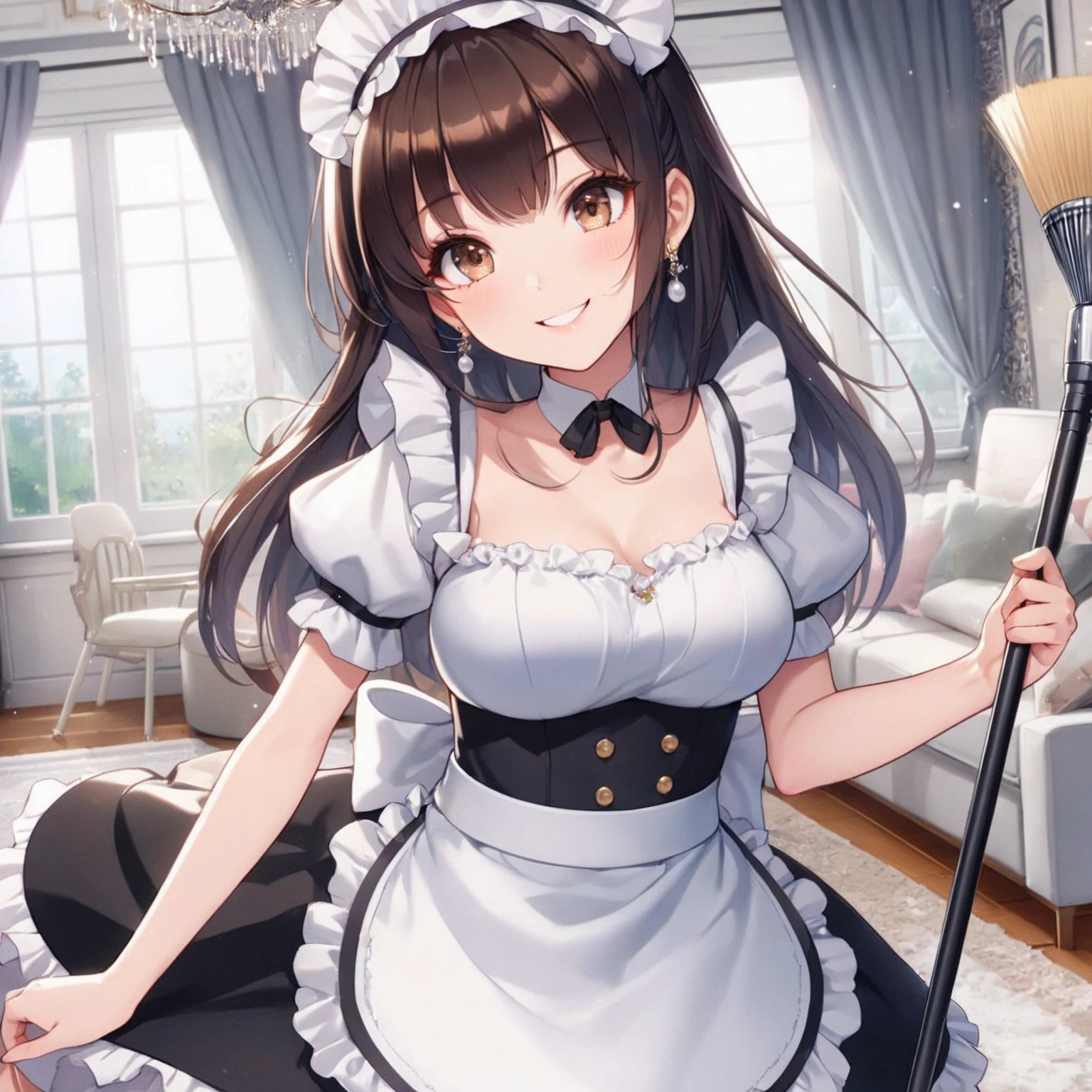best quality, masterpiece, highres, solo, {maid:1.40}, {long maid dress:1.15}, {amber_genshin:1.15}, long_hair, brown_hair, bangs, ribbon, hair_ribbon, hair_between_eyes, red_ribbon, breasts, smile, brown_eyes, blush, cleavage, goggles, open_mouth, medium_breasts