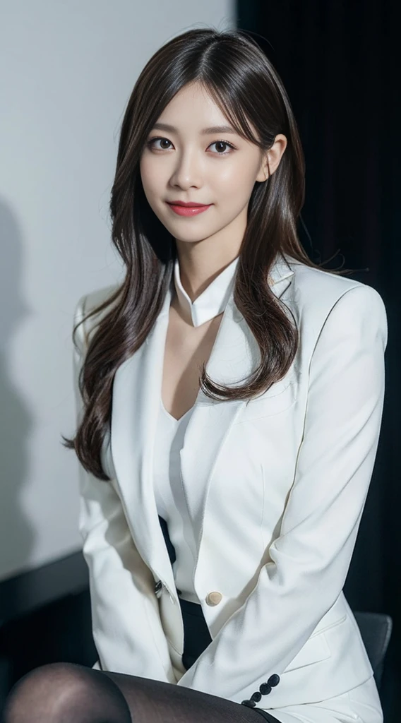 (highest quality, masterpiece:1.2), white background, (huge breasts:1.2), realistic, big breasts, huge breasts, huge waist, thick, long legs, thick thighs, Fair skin, (White blouson dress:1.2), (navy business jacket:1.2), (navy formal blazer:1.2), (White Midi Dress:1.2), brown hair, blue eyes, Beautiful woman, smile, eyelash, highly detailed face, japanese goddess, japanese actress, japanese model,