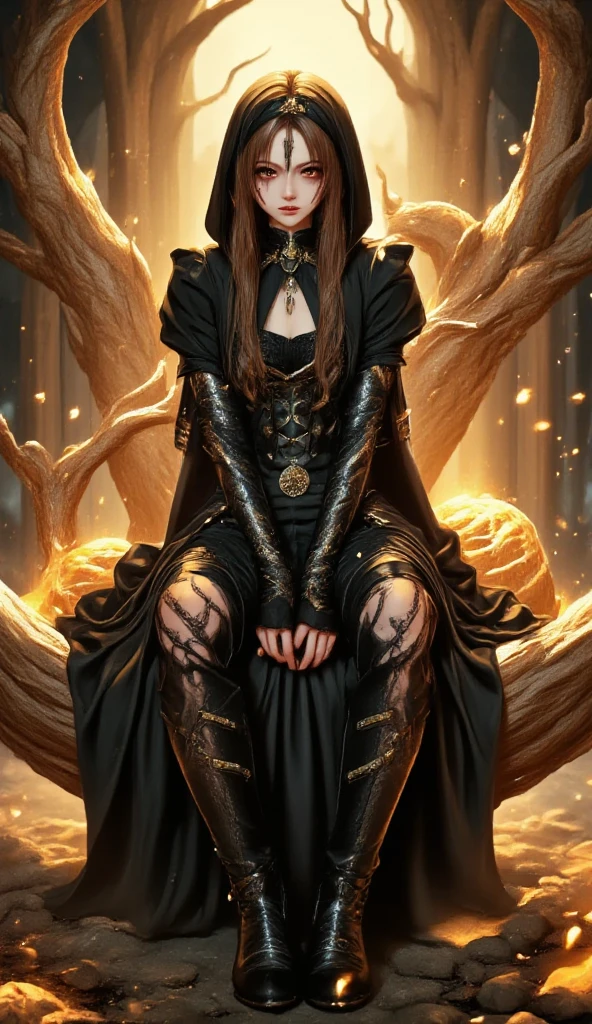 best quality, masterpiece, melina \(elden ring\),1 girl, solo, brown hair, curly hair, black cloak with hood,orange eyes,tunic,belt,boots,full body, ashes and sparks in the air, (closed left eyes:1.5),(Scar on left eyes:1.5), 8k, high resolution, ultra detailed, professional digital painting, epic cinematic lighting, trending on artstation, 4k, hyperrealism, focused, extreme details, unreal engine 5, cinematic, masterpiece,There is a large golden glowing tree that seems to reach out into the universe, There are huge, golden trees that seem to stretch out into the universe, huge trees are huge horizontally and the size of swallowing stars,Girl resting under a giant tree, staring up at the giant tree,Sitting in that tree.