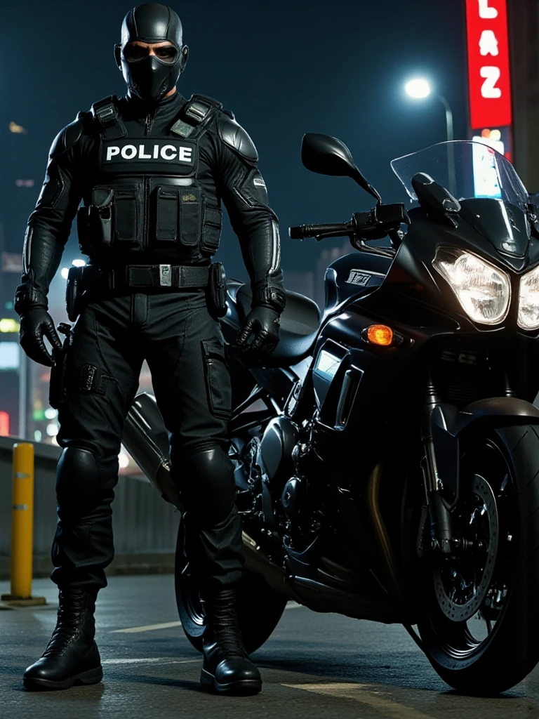 A full-body image of a muscular adult male dressed in police tactical gear, PTU-style, wearing a black leather full-body suit, mask, and tactical boots. The sleek leather outfit provides full coverage, exuding a dark and intense atmosphere. The scene is illuminated by low light, casting dramatic shadows that enhance the mysterious and powerful presence. He stands beside a heavy-duty police motorcycle, ready for action. The composition emphasizes his commanding stance and the tactical precision of his gear,Future City Technology,blending a sleek, futuristic aesthetic with a gritty, law enforcement vibe.Cyberpunk City Streets

