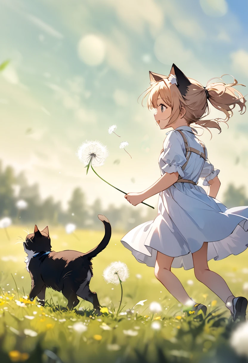 Girl with cat ears in a ponytail chasing fluffy dandelion fluff , prairie(( Blurred Background))