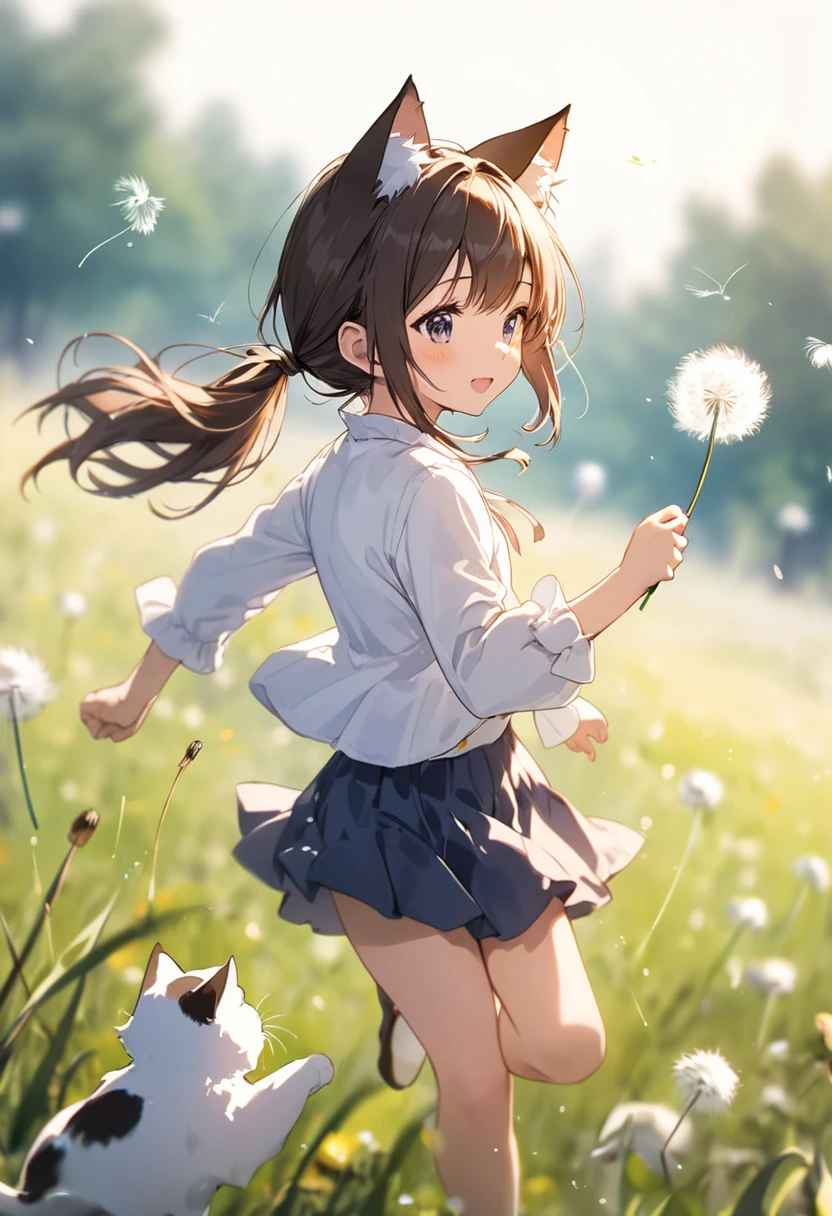 Girl with cat ears in a ponytail chasing fluffy dandelion fluff , prairie(( Blurred Background))