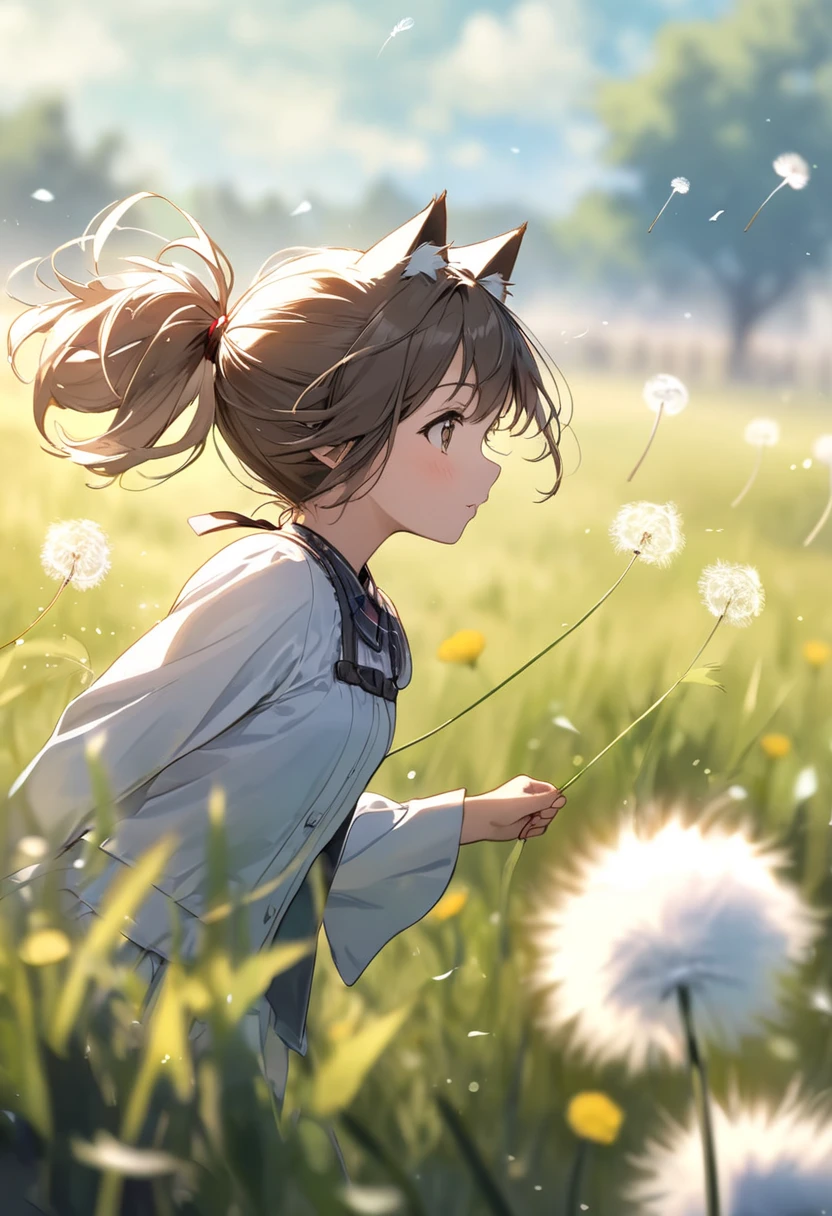 Girl with cat ears in a ponytail chasing fluffy dandelion fluff , prairie(( Blurred Background))