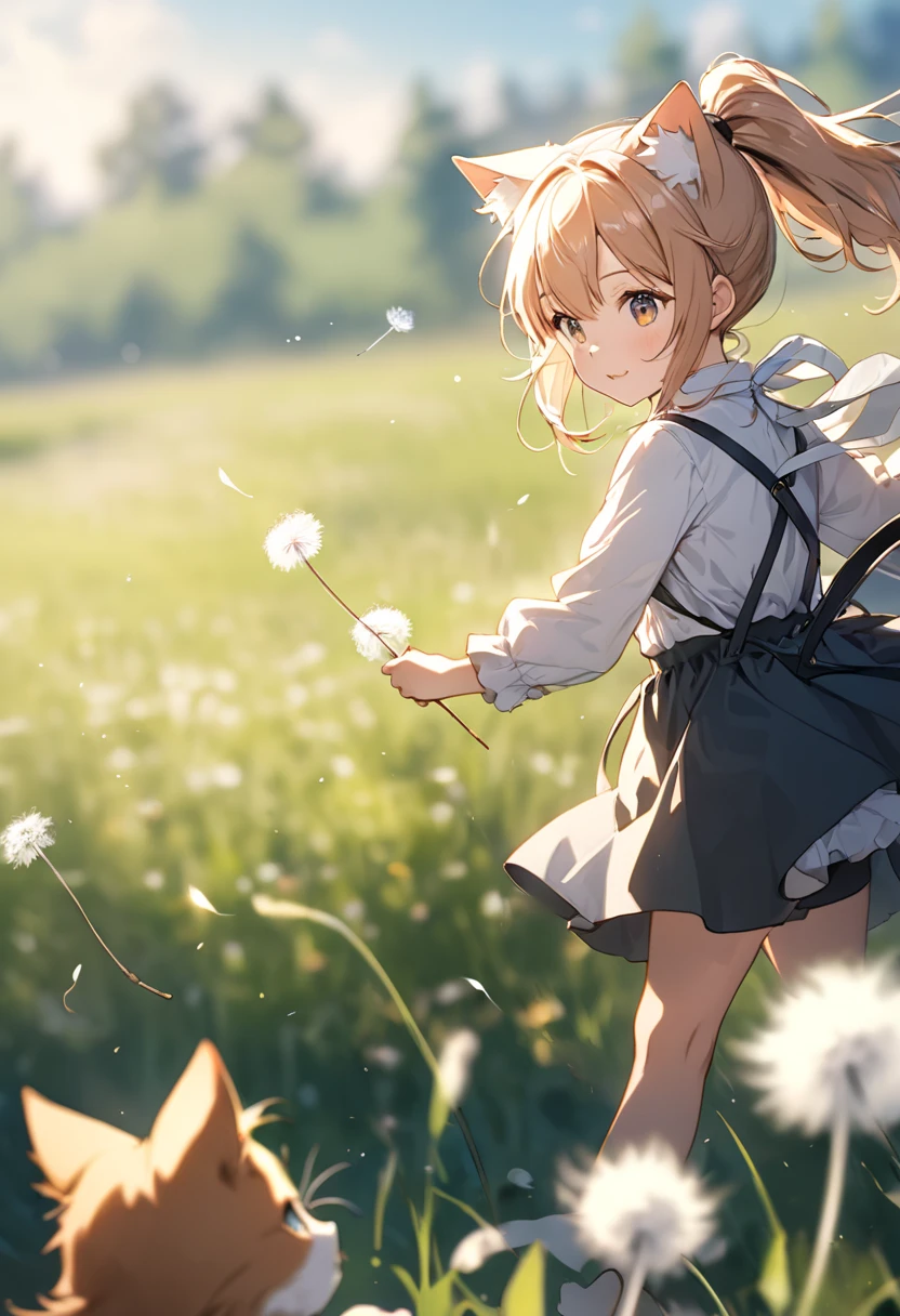 Girl with cat ears in a ponytail chasing fluffy dandelion fluff , prairie(( Blurred Background))