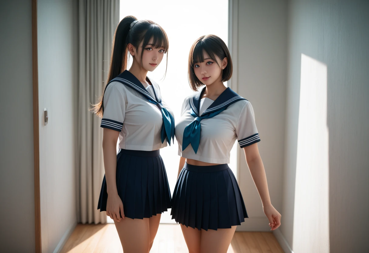 2 girls standing in school corridor,white legsuit with sailor bodysuit,18-year-old,bangs,a little smiles,thighs,crotch,knees,short cut hair,ponytail,from below