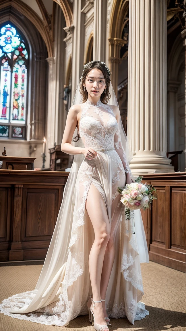 (realistic:1.5), 8k, super delicate beauty, 1 girl, (a sunny day:1.5), intricate body details (highest quality: 1.0), (Super high sharpness: 1.0),(Beautiful and delicate depiction of eyes),(((walking the runway in a wedding dress))),unreal engine:1.4,photorealistic:1.4, skin texture:1.4, masterpiece:1.8, smile、long legs、((???????))