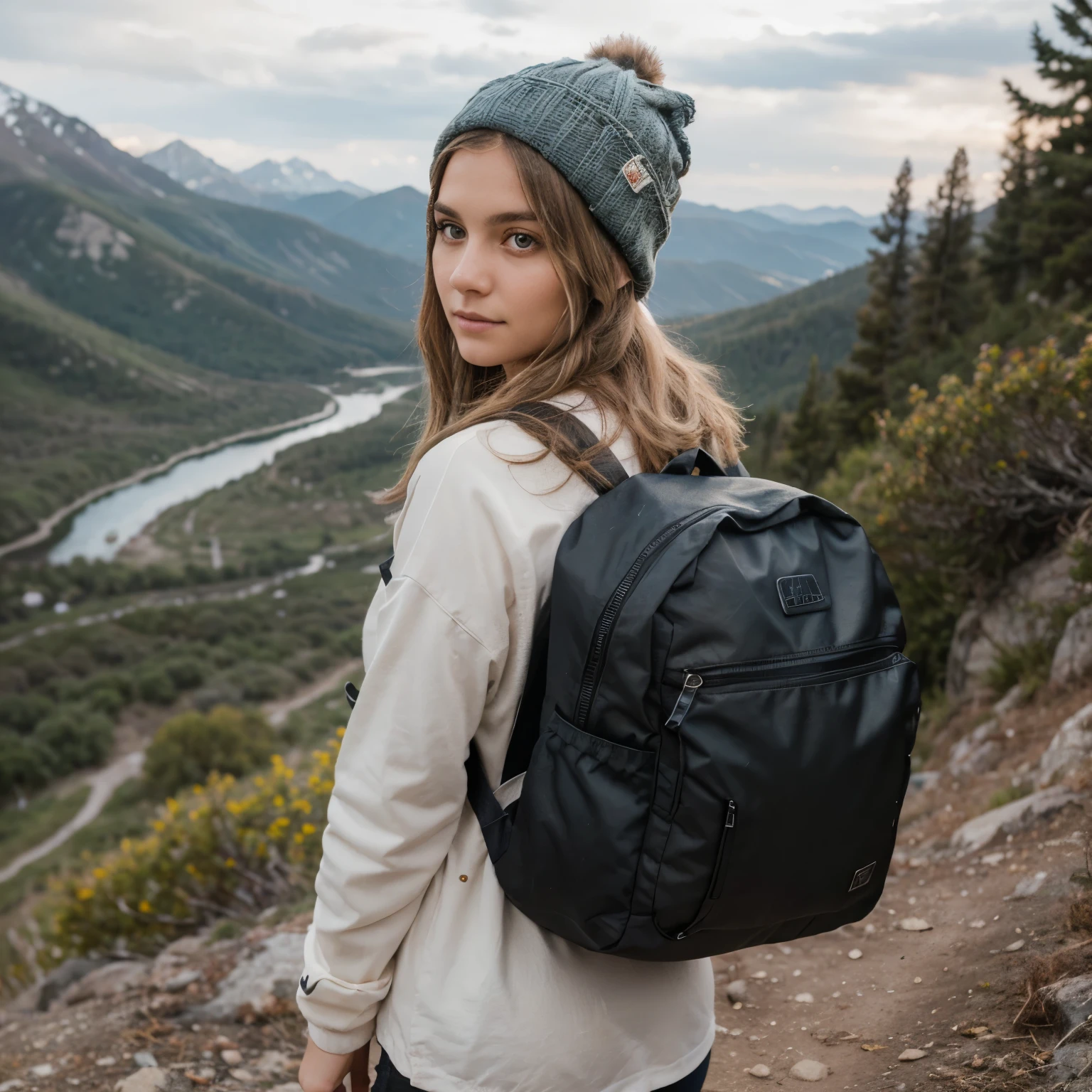 solo woman hiking from behind, film quality, highest details, walks in front of you, she wears backpack, light outdoor jacket and tight matte grey leggings, (ultra-realistic cloth texture), you see her from behind, attractive woman, relaxed on mountain trail, geared up, outdoor fashion, blonde brown hair in messy ponytail, gorgeous surroundings. solo woman, fall trees, (highest quality texture), (vivid fall colored leaves: orange, red, burnt sienna, naples yellow, green leaves) on the aspen trees, (ultra-realistic extures, coloring) film quality, (extreme detail of her fabric, hair ), she wears hair up, backpack (extreme backpack detail texture), she's in front of viewer, walking comfortable, beautiful fall trees ,soft accent autumns light, (ultra-real), crisp gorgeous rembrandt like lighting, (Rembrandt patch), (highest quality window details), fall mountain aspens trees in background, silky long dark hair, every detail,Fine facial features, Masterpiece – Masterpiece ○○ quality – ○○ quality best quality(Highest Quality) ,Leica film, best, solo female, High quality (hiquality) etc ○○ detailed – ○○ details ultra detailed(Ultra-fine ), Photorealistic, from behind, Extremely detailed(Extremely detailed) , Finely detailed(Fine-grained), (highest detail skin texture peachfuzz earlobe realistic), (highest detailed neck and body), etc ○○ res – ○○ resolution ultra high res(A high resolution) , very high texture res(light resolution), Realistic – Realistic Photorealistic – photorealistic beautiful – beautiful 4k , 8K,extreme detail of nature, dreamy, close and intimate, she is in front of camera, captivating surroundings, (highest quality hair, fabric, hiking ((nautral surroundings ultra-realistic details of deep color))), calming and relaxed in fall photoshoot