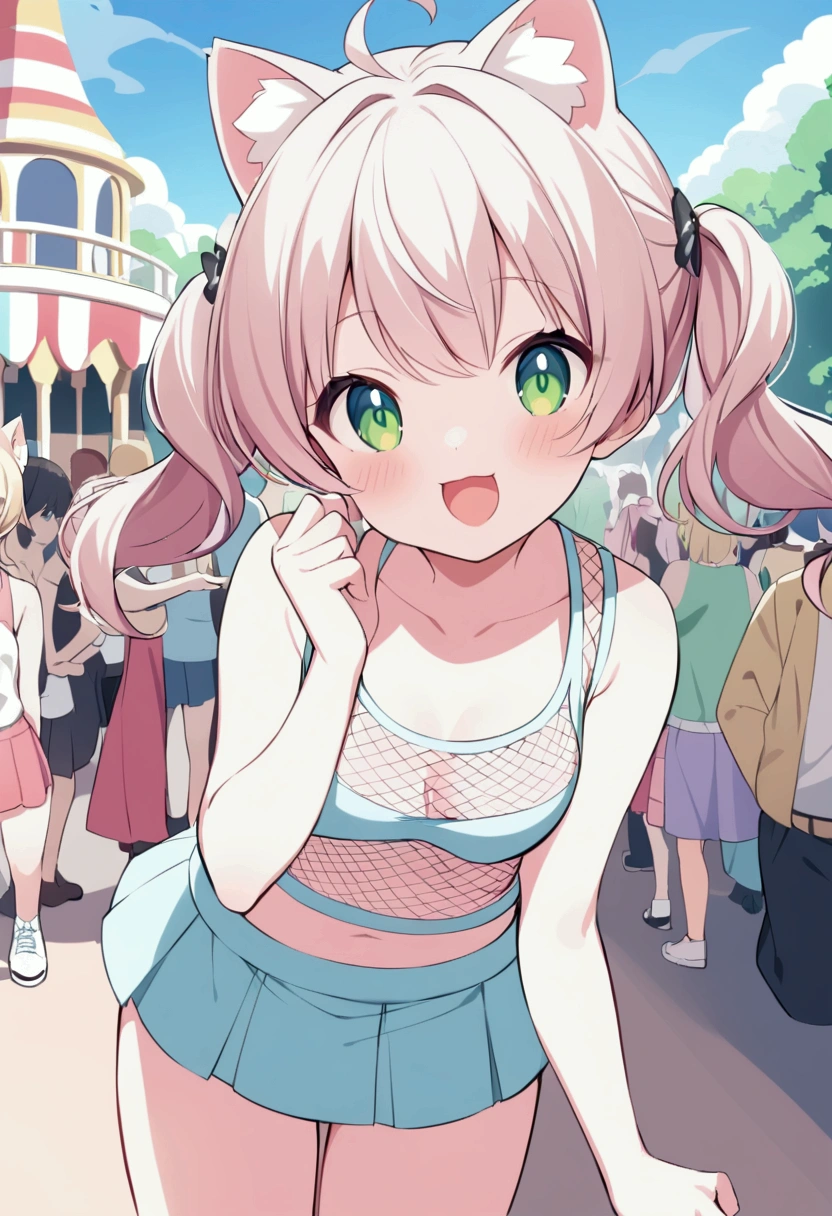 Overly enthusiastic cat girl (cute age 22, tank top, mini skirt, fish nets, adorable hairdo), she is acting incredibly adorable enthusiastically flirting with viewer, crowded theme park
