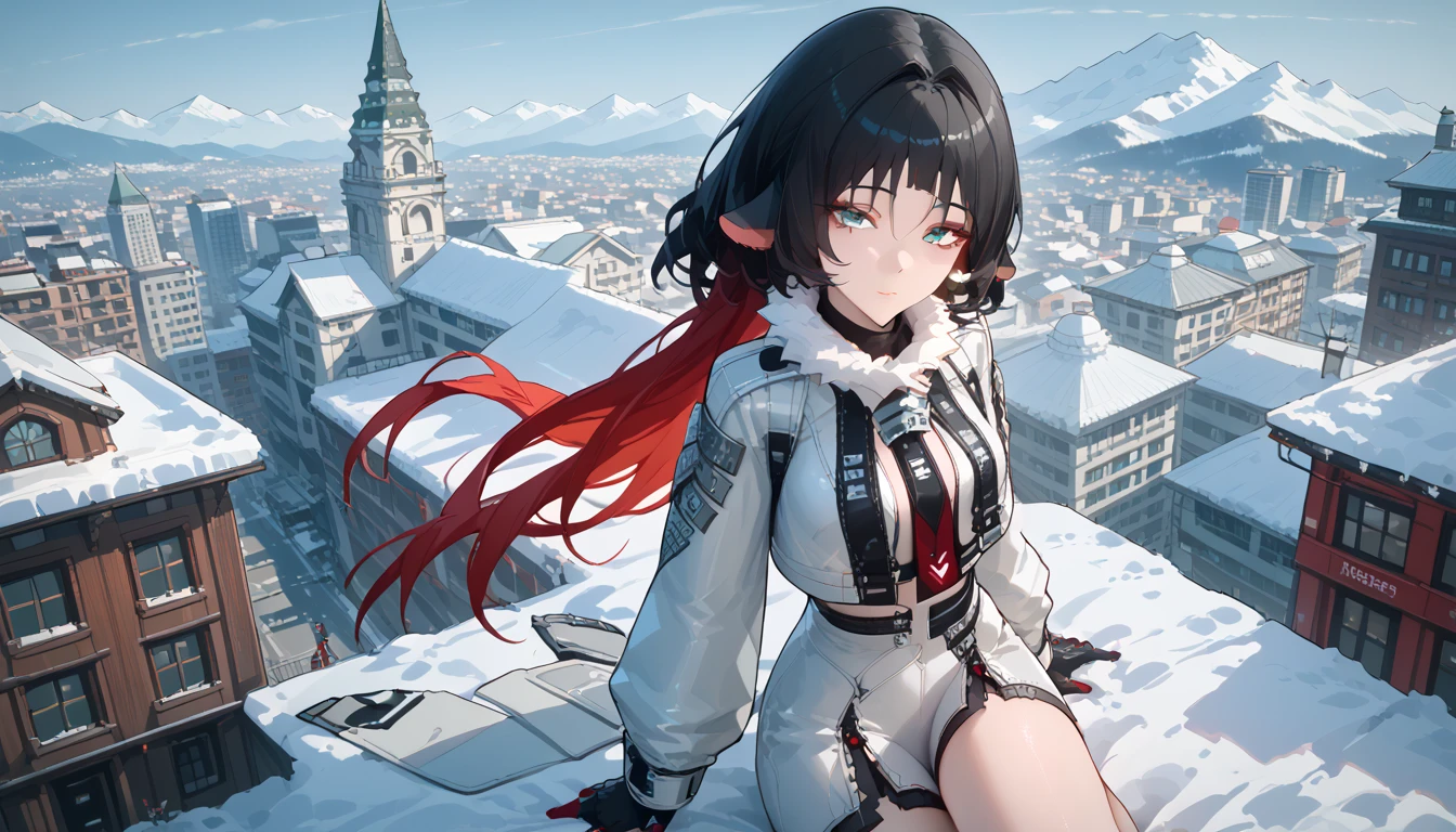 yanedoe- zzz, aqua eyes, long hair , black hair,  red hair , Animal ears,  looks at the viewer, Above the building,I look at the city, sexy clothes , cute to the viewer ,  very sexy suit ,  snow , на фоне  snow а бюстгальтер, erotica, very sexy,  sexy position ,  summer dress,  sexy clothes ,