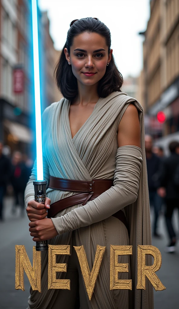 message word , Italic letter  ""Never Give Up"" written in middle golden  decoration letters at the Bottom the screen   Front pose, standing pose,  right hand on hip, Front view, cowboy shot, Catherine Elizabeth,  middle hair, Dark brown hair, smile,  Star wars Rey Skywalker costume, both hands hold blue Lightsaber, background street  of  London,  (super detail, high details, high quality, accurate, anatomically correct, textured skin, beautiful fingers super detail, high details, high quality, best quality)