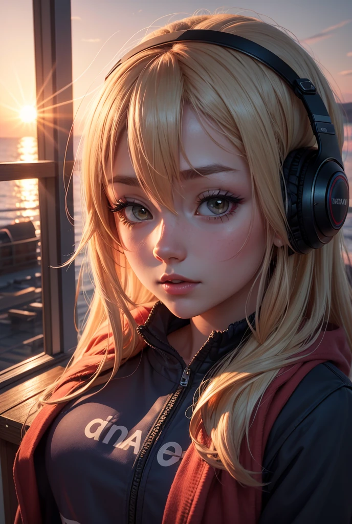 Create a high quality image, extreme detail, ultra definition, extreme realism, high quality lighting, 16k UHD, a girl, headphones, in front of a desk studying, (window with opaque glass), night, soft and warm ultra definition light, lofi style